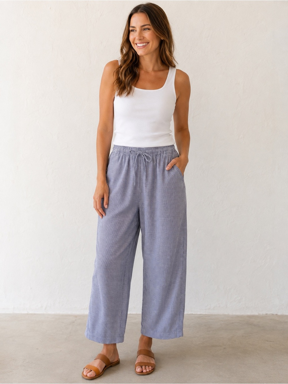 Vintage Erika & Co 100% Cotton Gingham Pull On Wide Leg Pants Medium Blue Boho